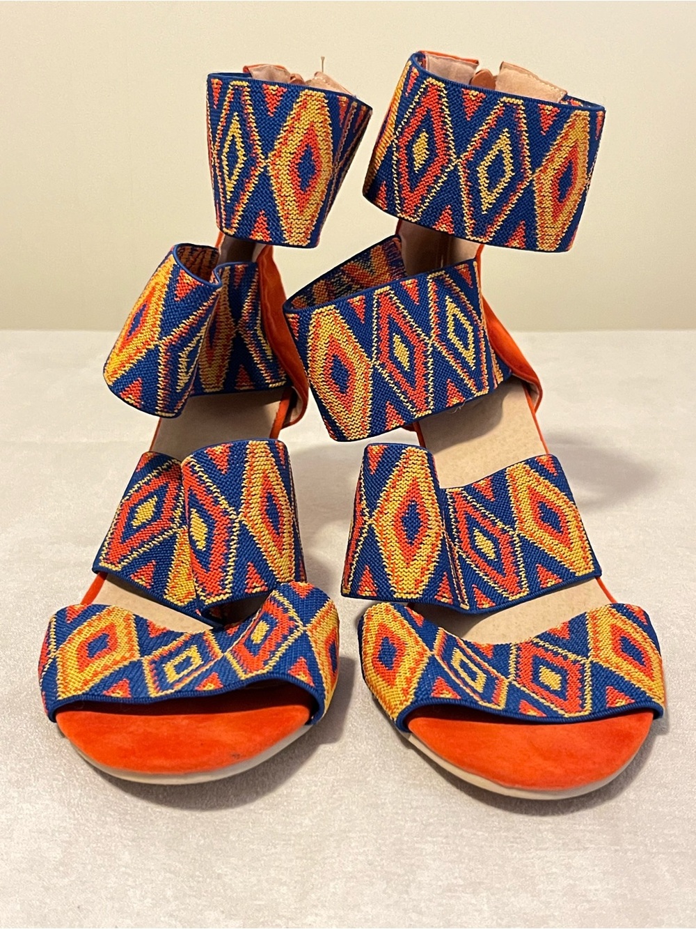 Women’s blue orange Aztec peep-toe high heel sandals size 11 New - Picture 7 of 9
